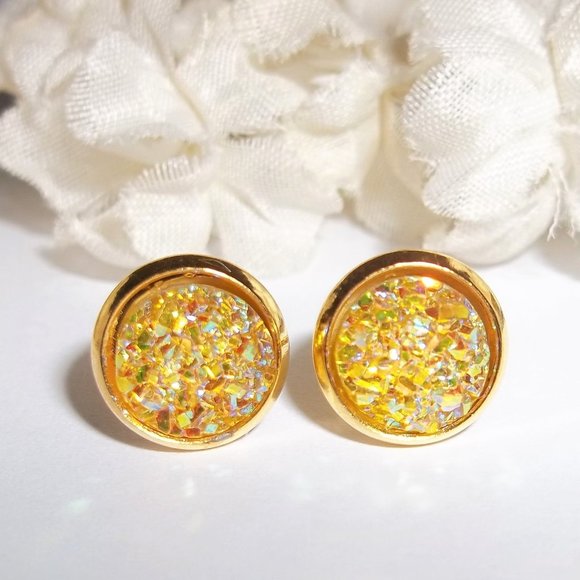 wvluckygirl Jewelry - Earring Set Yellow and Gold Druzy Style Post Stud Small Minimalist Jewelry A148